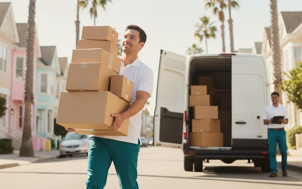 Courier with an armful of parcels next to a van under palm trees