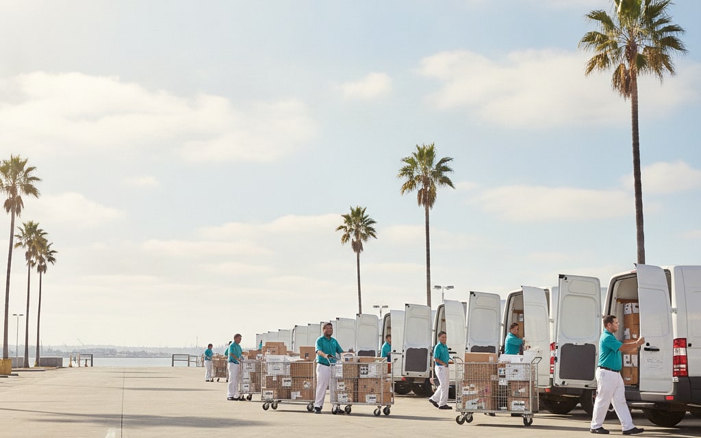 Row of delivery vans outside a depot in the morning, staff pushing parcel carts
