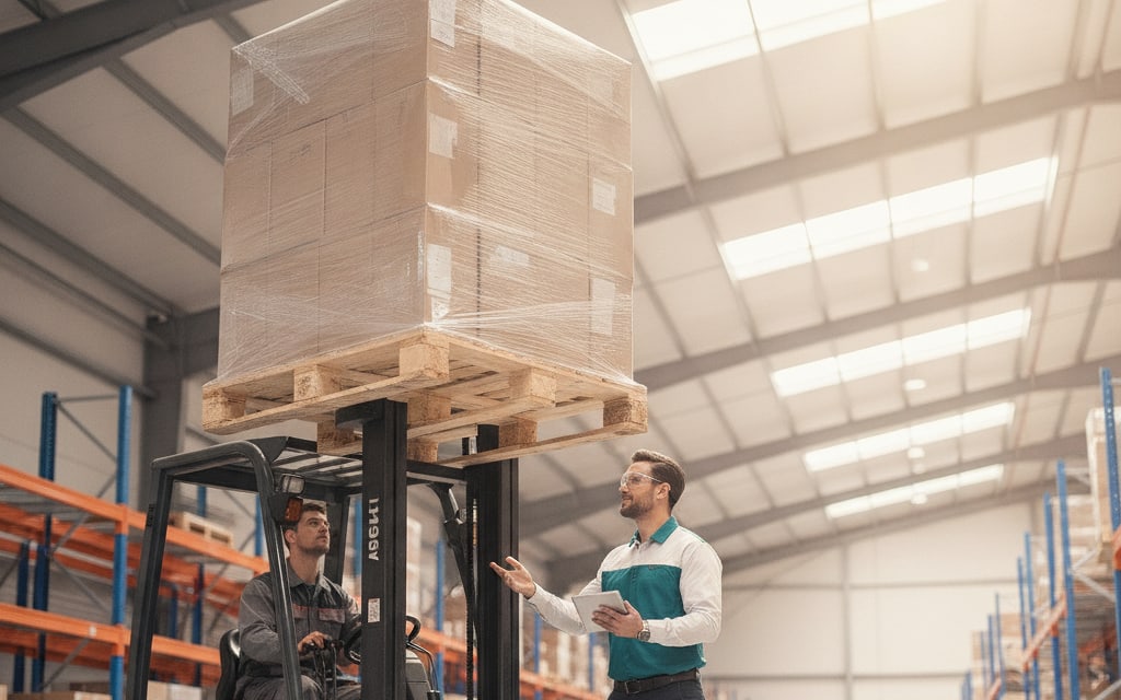 Forklift driver moving a pallet while a colleague checks the manifest on a tablet
