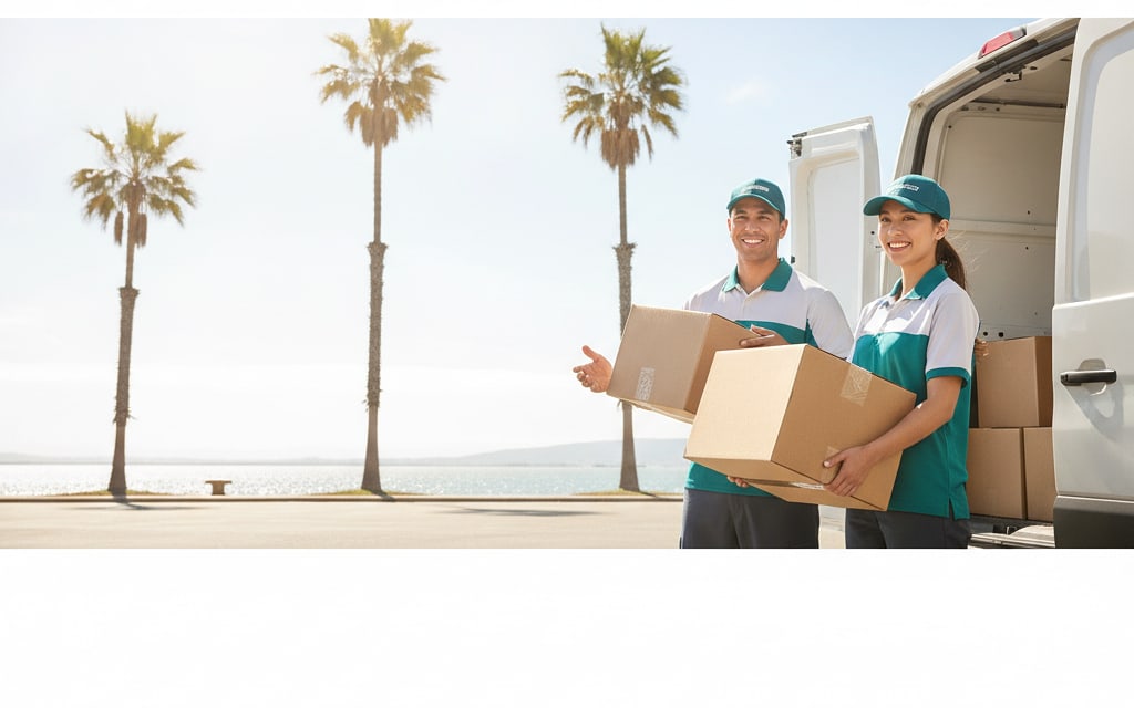 Couriers loading parcels into a van on the sunny Oakland waterfront, palms behind them