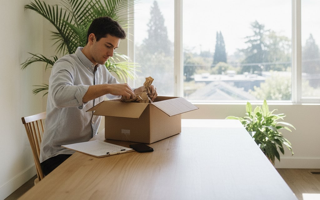 Young man at home beside a window packing and checking a parcel