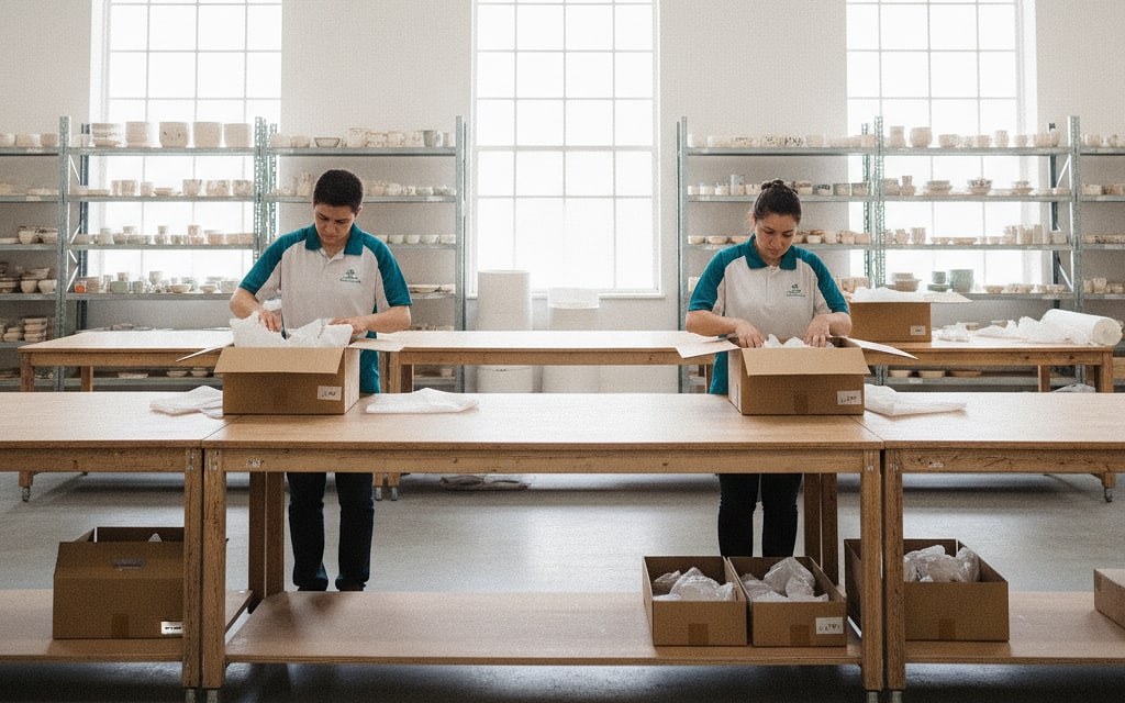 Packing-station worker wrapping ceramic bowls in paper before placing them in a box