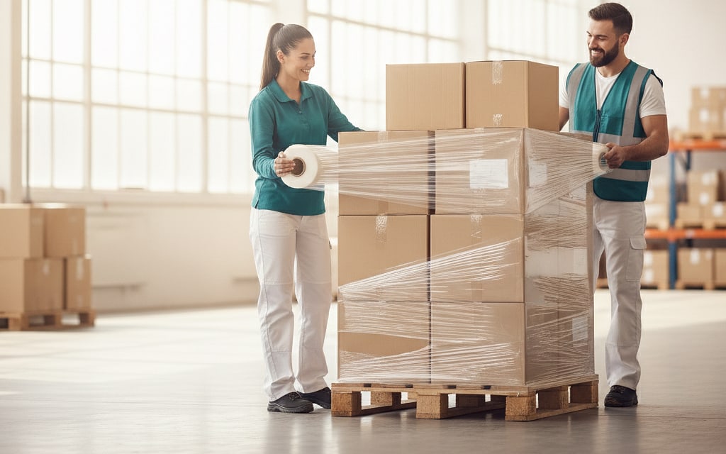 Two warehouse workers stretch-wrapping a pallet of boxed ceramics