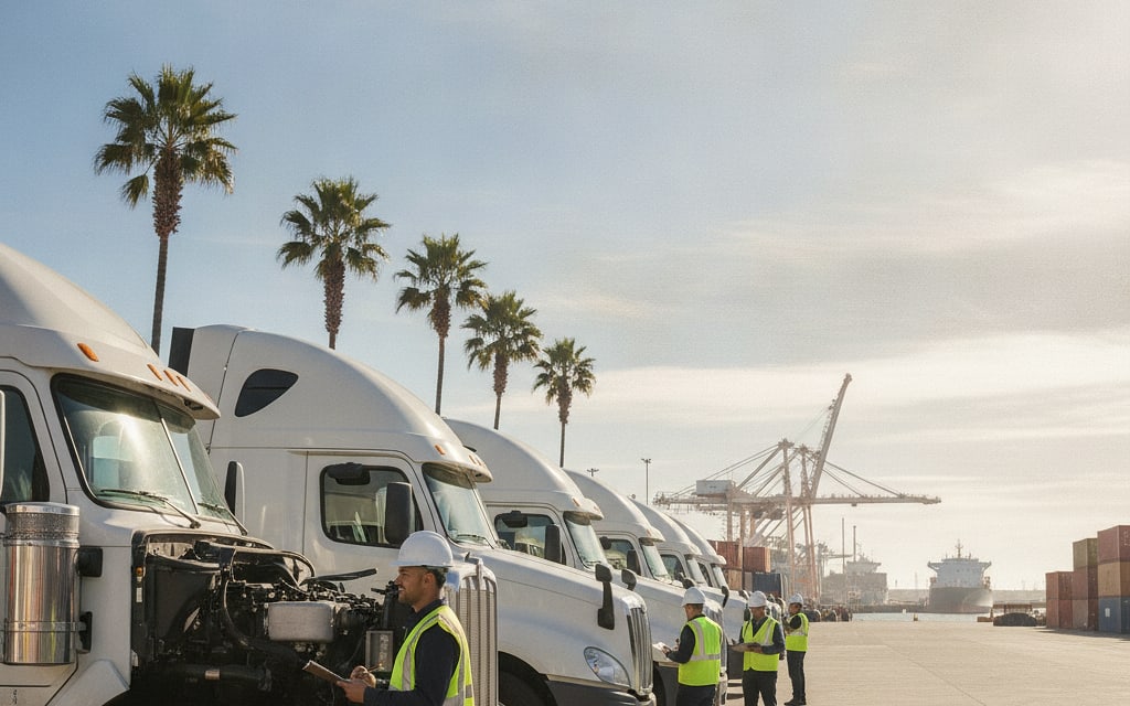 Driver inspecting a refrigerated truck in the depot yard at sunrise