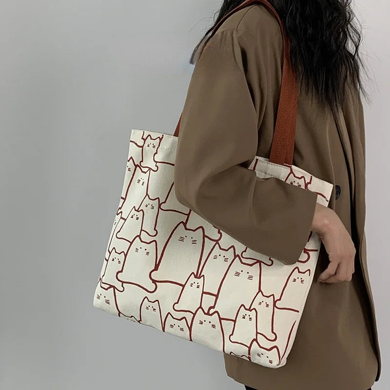 Canvas Cat Tote Handbag