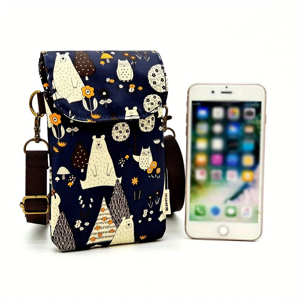 Kawaii Cat Print Crossbody Bag - Small Fabric Phone Purse with Adjustable Strap
